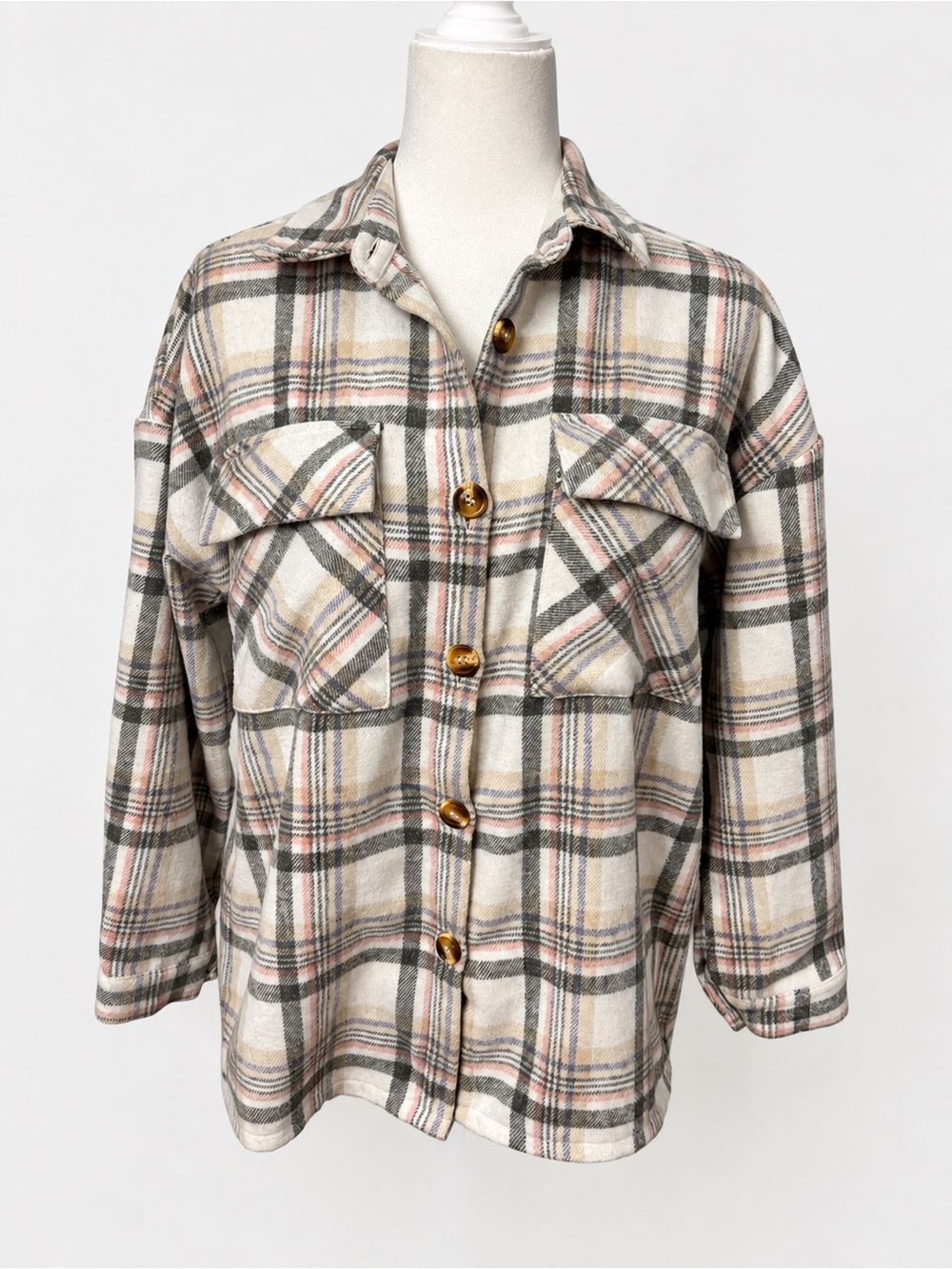 Plaid Flannel Shacket Size S – THM Soft Neutral Plaid Button Front